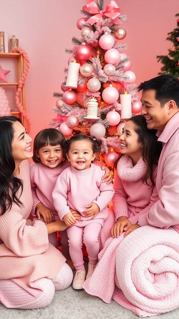 Pink Christmas Family Photoshoot Ideas A family in pink outfits celebrating Christmas around a pink tree with ornaments and lights.